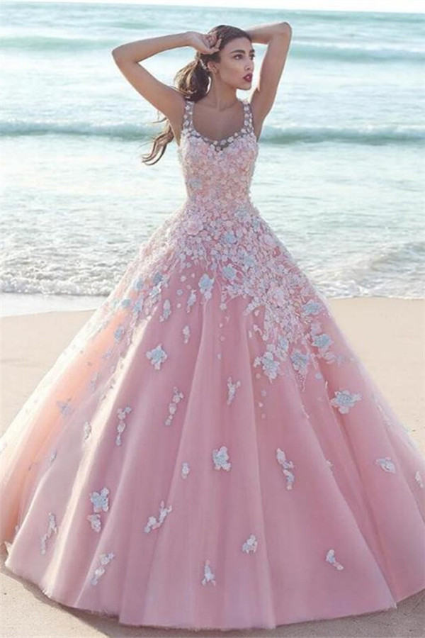 Exquisite Pink Floral Prom Dresses Straps Tulle Ball Gown Evening Dresses