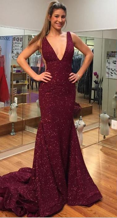 Deep V-neck Spaghetti Backless Sweep-train Sequins Mermaid Prom Dresses