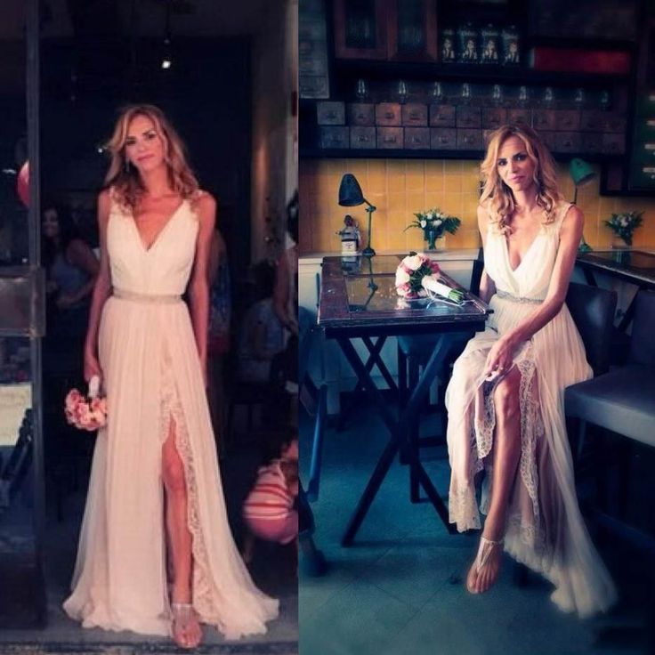 Boho Backless Beach Wedding Dresses V Neck Side Slit Chiffon Summer Bohemian Bridal Gowns