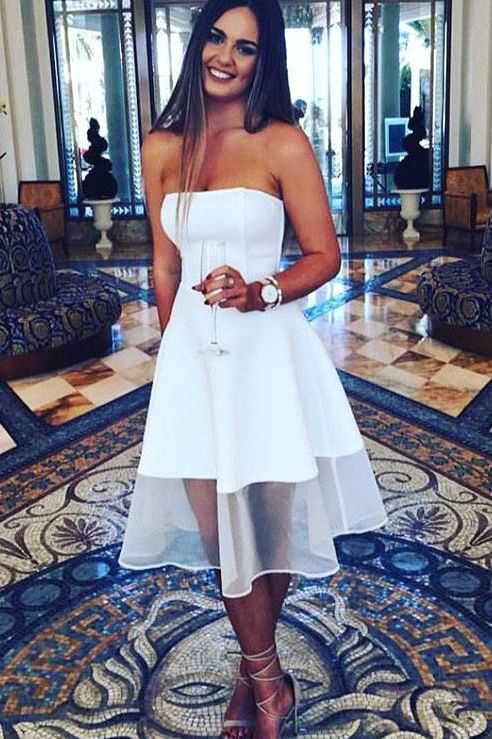 Knee-Length Newest White A-line Sleeveless Strapless Homecoming Dress