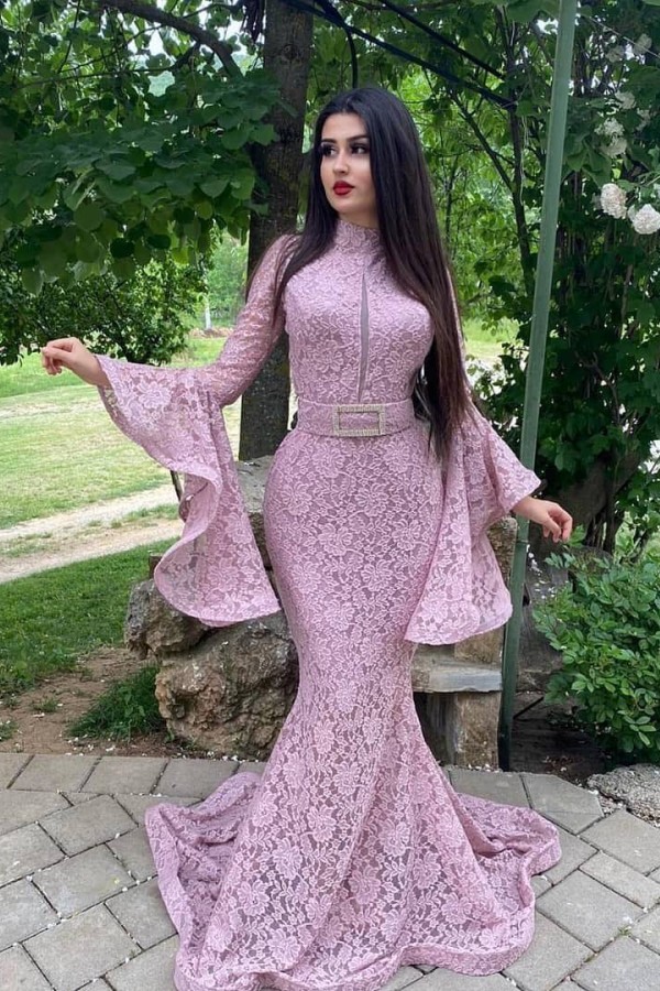 Unique High Neck Long Sleeve Appliques Lace Ruffles Floor-length Mermaid Prom Dress