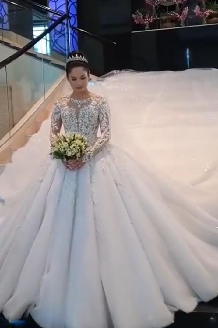 Jewel Lace Appliques Tulle Princess Ball Gown Wedding Dresses with Long Sleeves