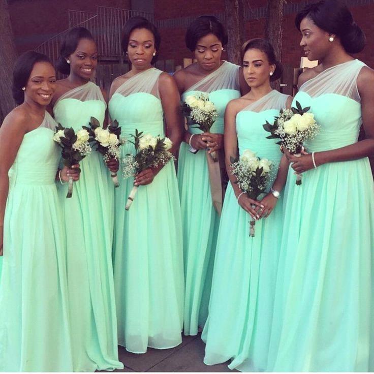 One Shoulder Bridesmaid Dresses Mint Long Chiffon Wedding Guest Dress