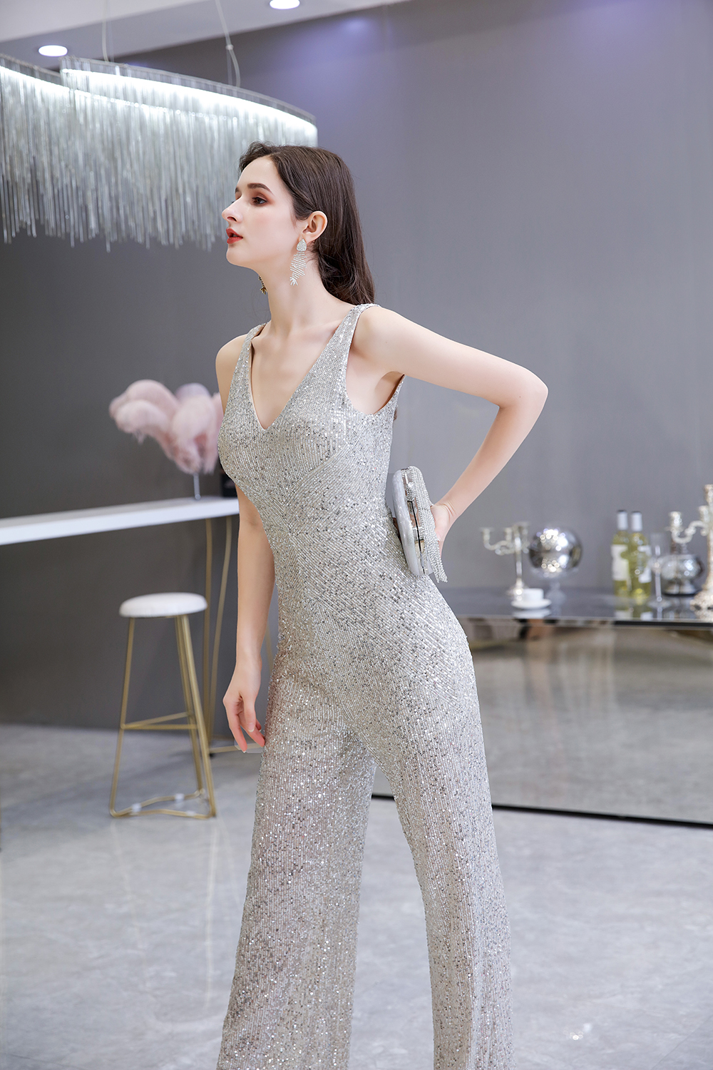 Women's Fashion V-neck Straps Sparkly Sequin Prom Jumpsuit
