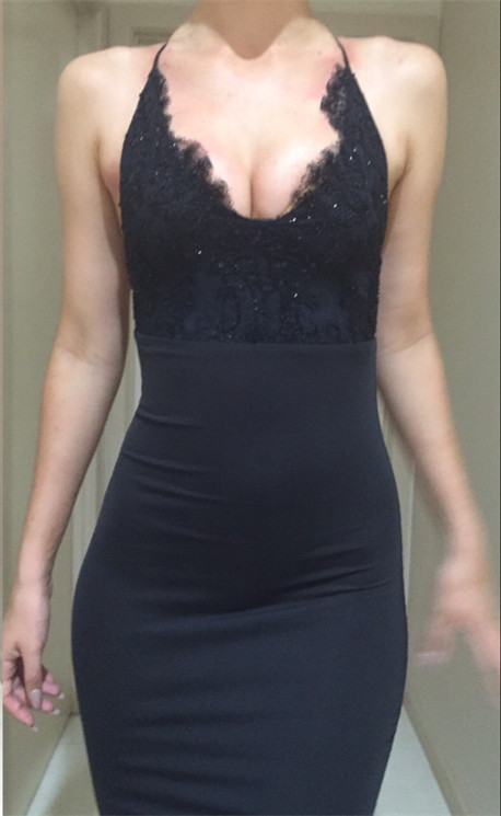 Mermaid Spaghetti-Straps Appliques Lace Sexy Black Evening Dress BA4216