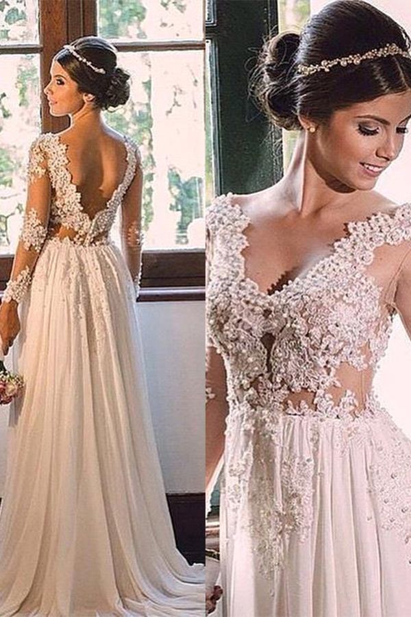 V-neck A-line Backless Chiffon Simple Sweep Train Lace Wedding Dresses