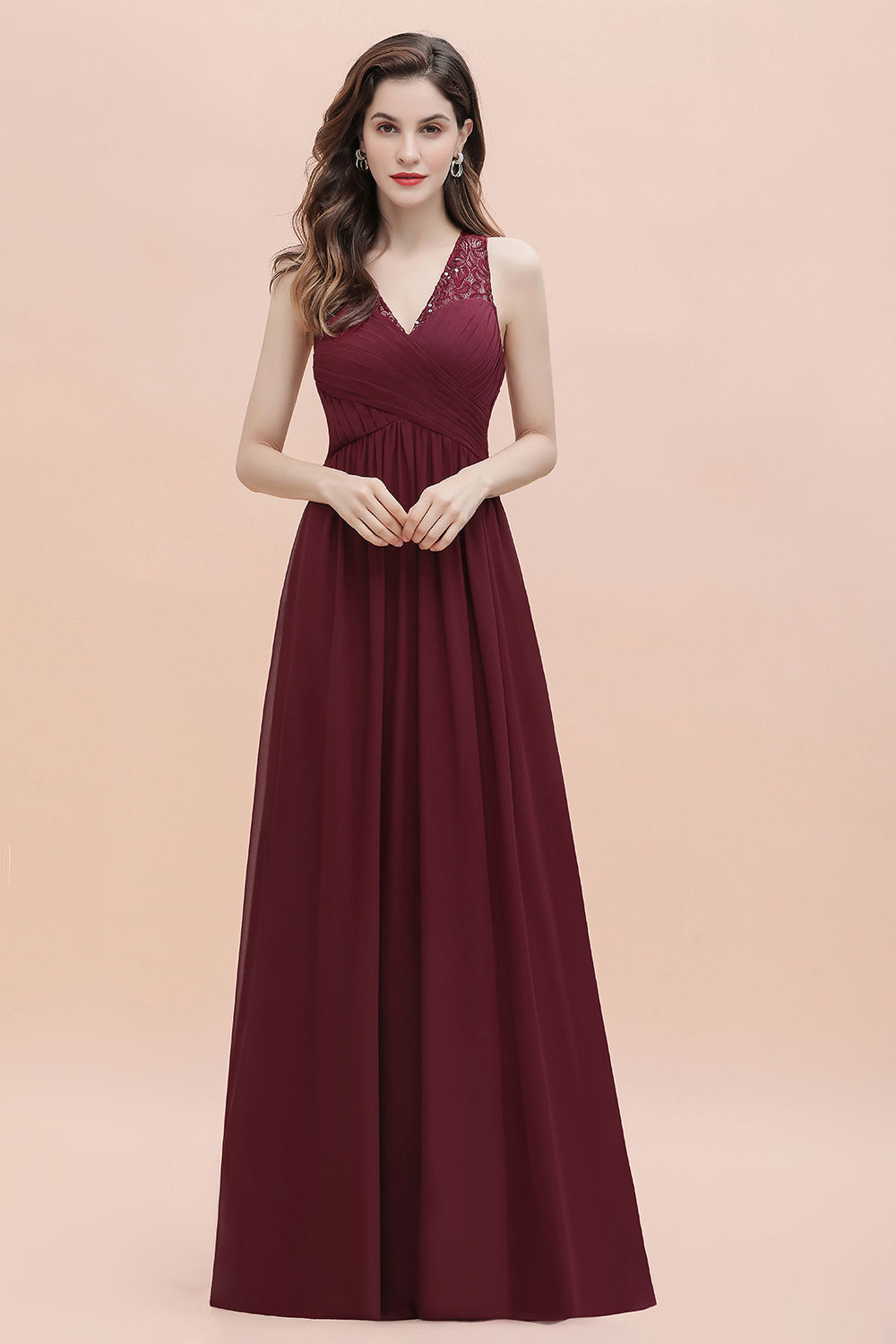 Elegant Long V-Neck Lace Ruffles Bridesmaid Dress Sequins Burgundy Chiffon Evening Dress