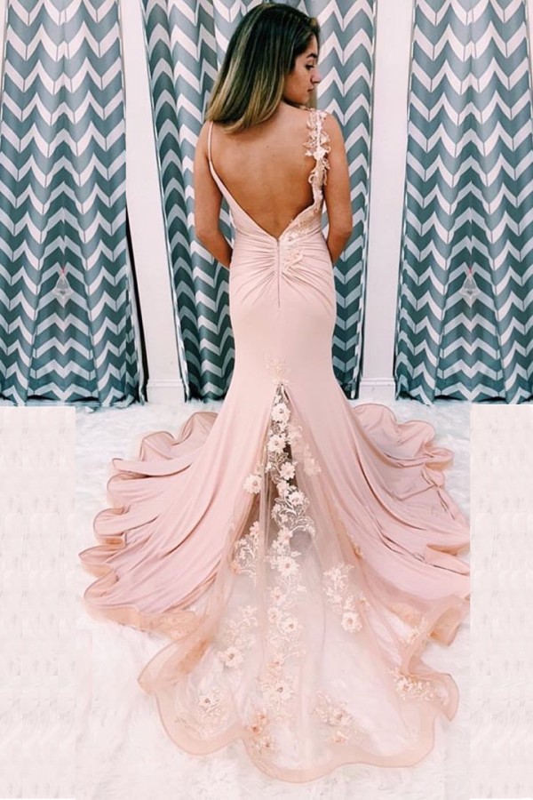 Sexy V-neck Spaghetti Straps Appliques Lace Open Back Mermaid Prom Dress