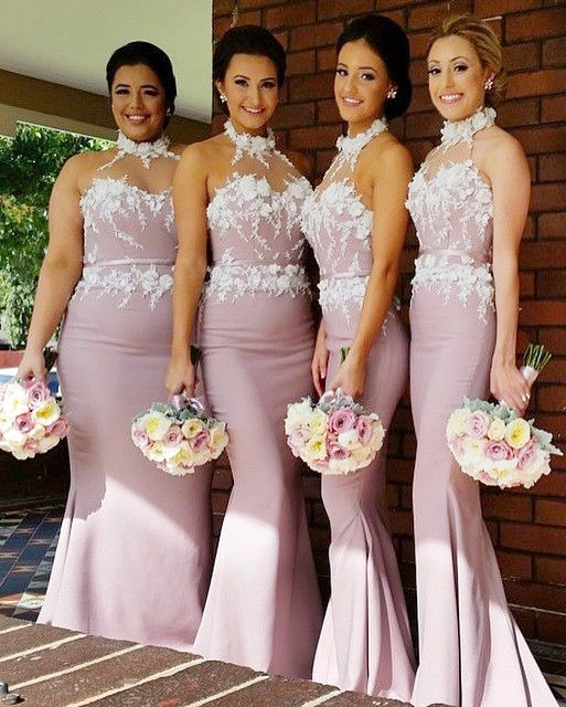 High Neck Mermaid Satin Bridesmaid Dresses with Handmade Flowers Maid of Honor Dresses