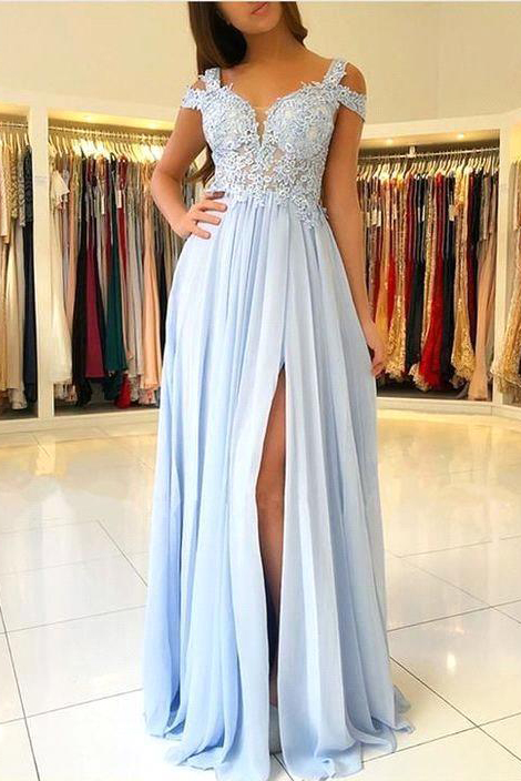 Capped Front Split A-line Prom Dresses | Sexy V-Neck Appliques Evening Dresses