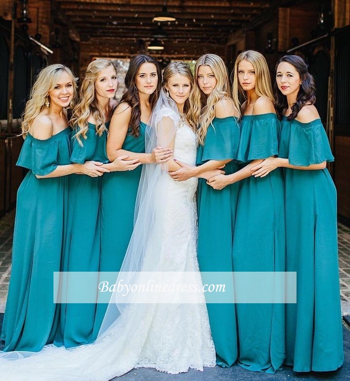 Elegant Hunter Off Chiffon Wedding Elegant Shoulder Long Party Green Bridesmaid Dress