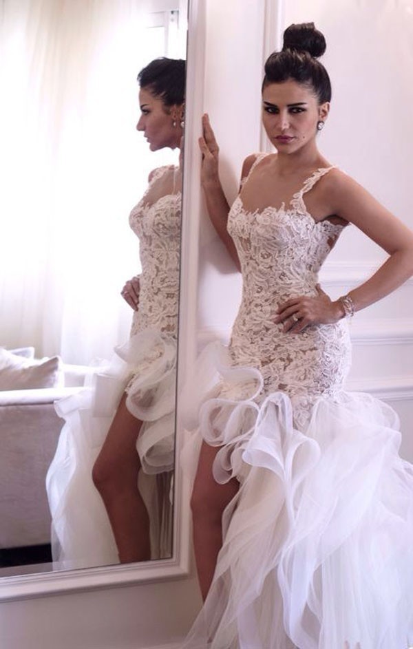 Hi-lo Mermaid Beach Wedding Dresses Straps Open Back Lace Ruffles Train Sexy Bridal Gowns