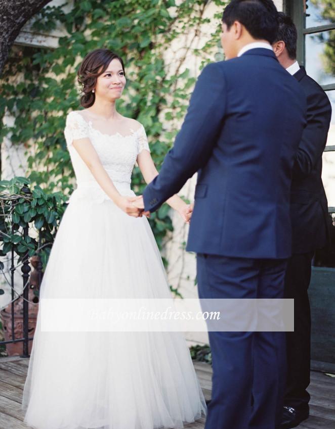 Vintage Tulle Lace Floor Length Short Sleeve Princess Wedding Dress with Zipper