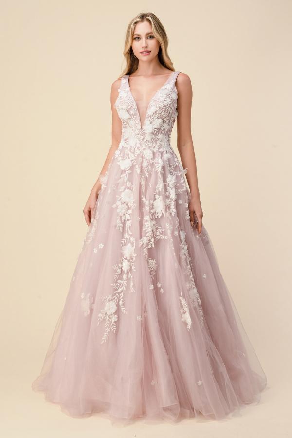 Deep V-neck Lace Appliques Tulle Formal Dress A-Line Tulle Ruffles Prom Dress