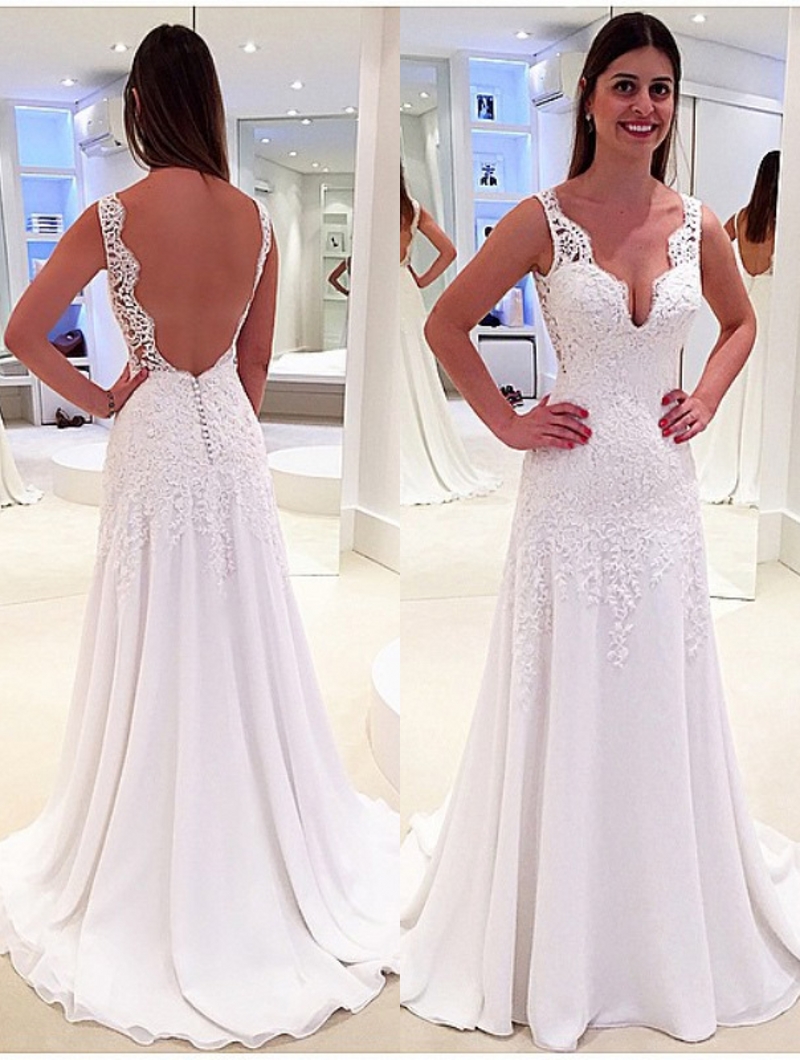 Elegant A-Line Wedding Dresses | V-Neck Sleeveless Lace Appliques Open Back Bridal Gowns