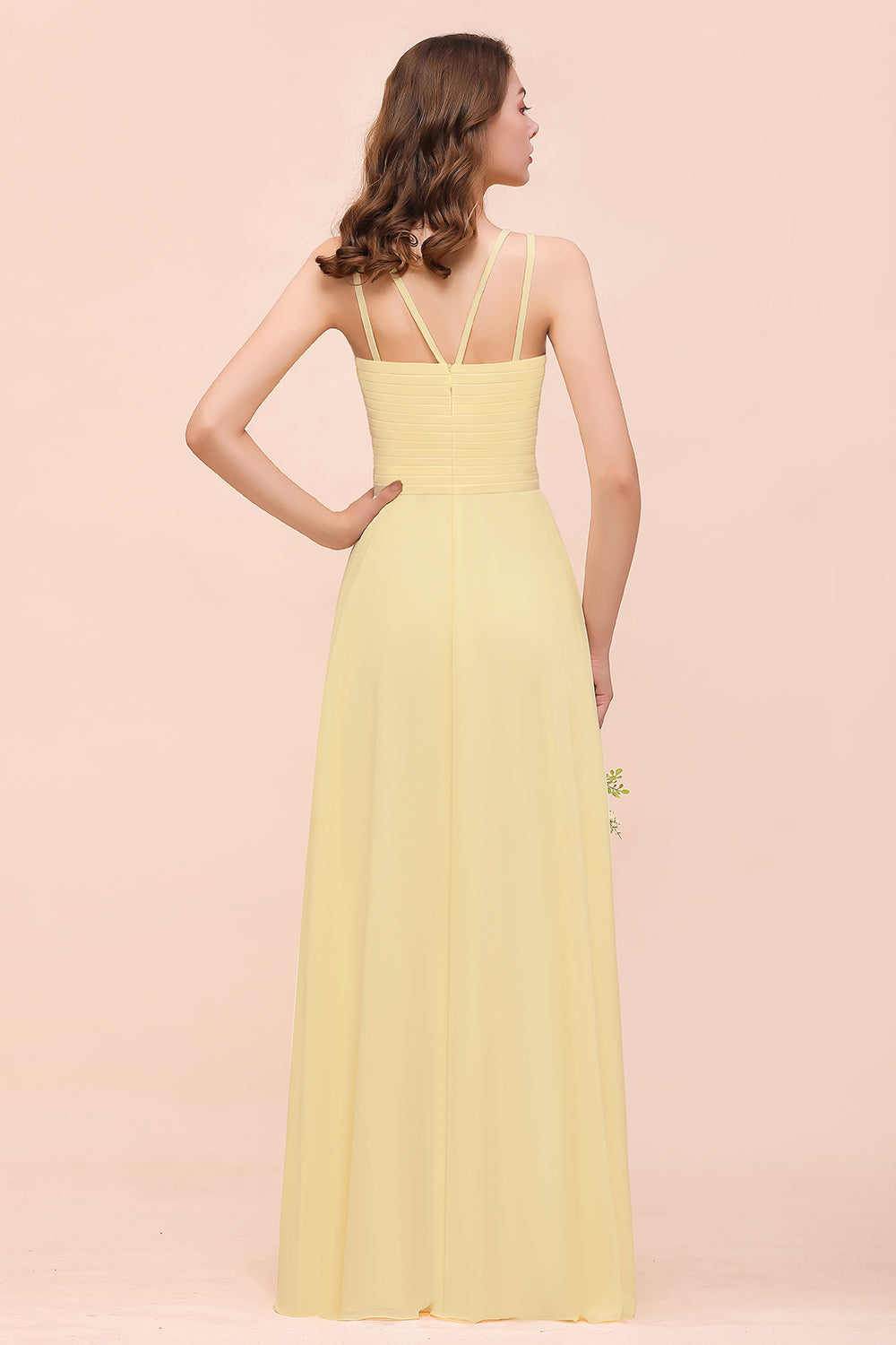 Affordable Daffodil Chiffon Sleeveless Long Bridesmaid Dress with Ruffle-Babyonlinedress