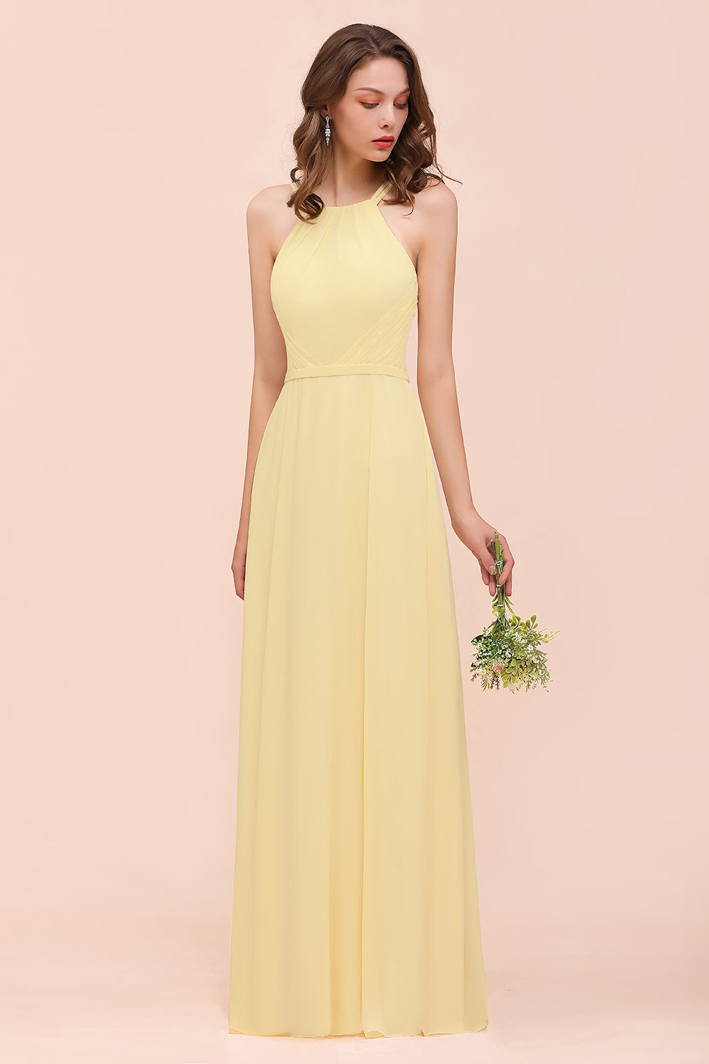 Affordable Daffodil Chiffon Sleeveless Long Bridesmaid Dress with Ruffle-Babyonlinedress