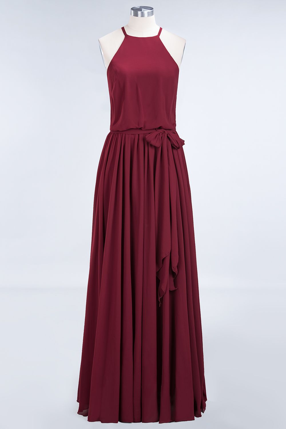 Affordable Halter Bow Long Bridesmaid Dress Modest Burgundy Chiffon Wedding Party Dress-Babyonlinedress