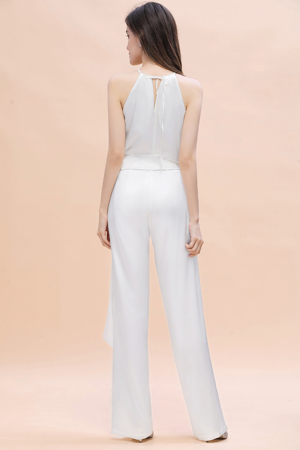 Affordable Halter Sleeveless Ivory Charmeuse Bridesmaid Jumpsuit Online-Babyonlinedress