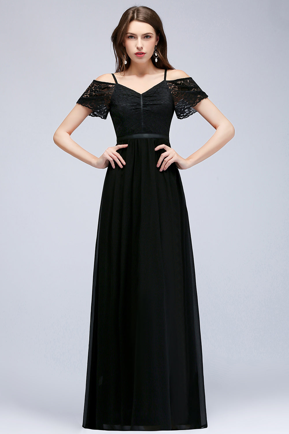 Affordable Off-the-shoulder Black Lace Bridesmaid Dress Online-Babyonlinedress