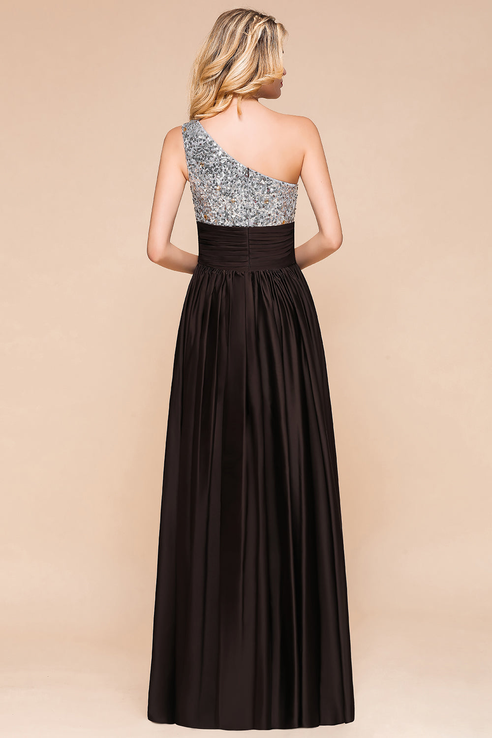 Affordable One Shoulder Sequins Long Bridesmaid Dresses with Ruffle-Babyonlinedress