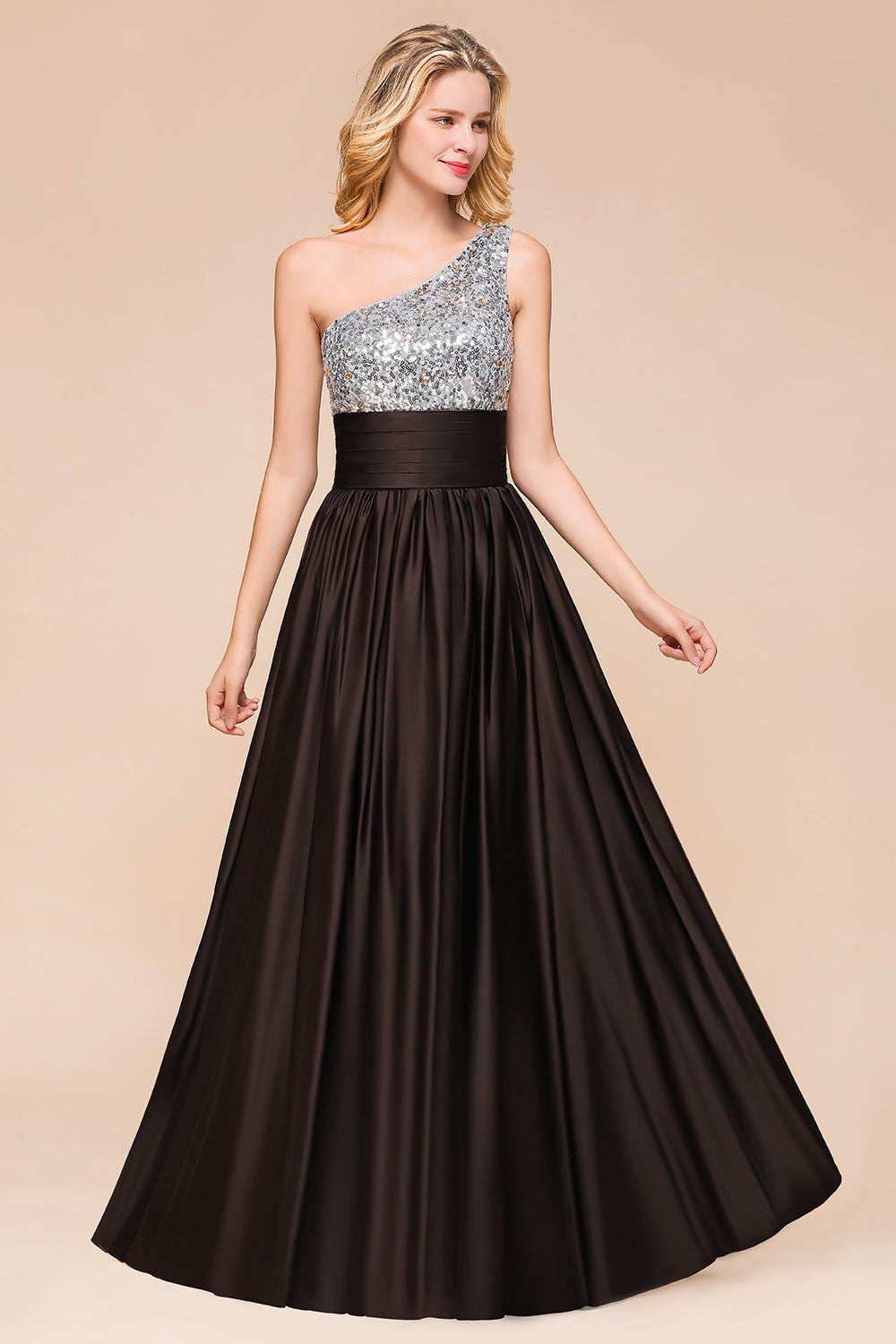 Affordable One Shoulder Sequins Long Bridesmaid Dresses with Ruffle-Babyonlinedress