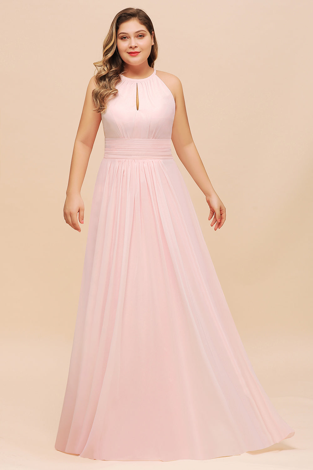 Affordable Plus Size Chiffon Round Neck Pink Bridesmaid Dress-Babyonlinedress