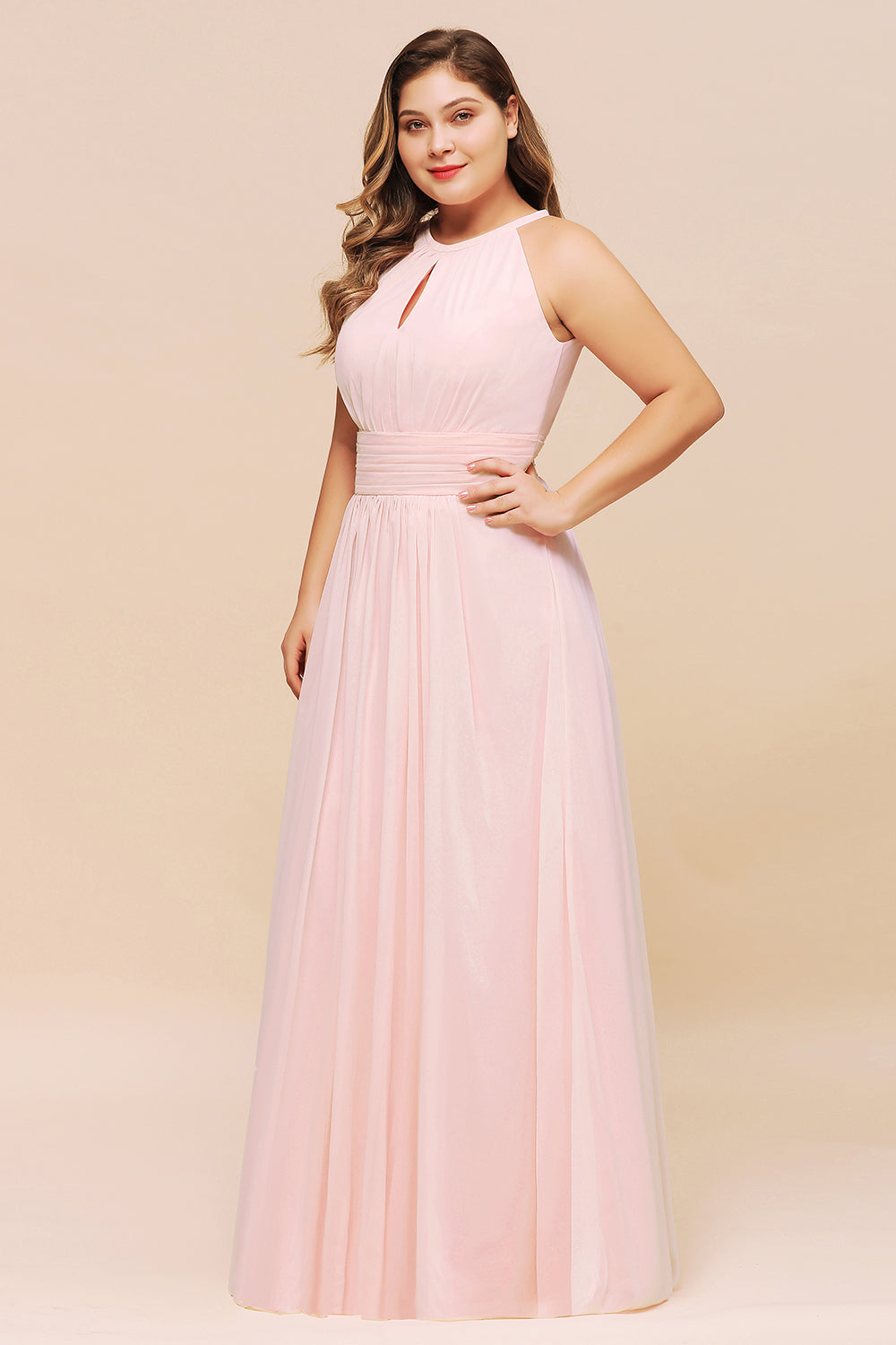 Affordable Plus Size Chiffon Round Neck Pink Bridesmaid Dress-Babyonlinedress