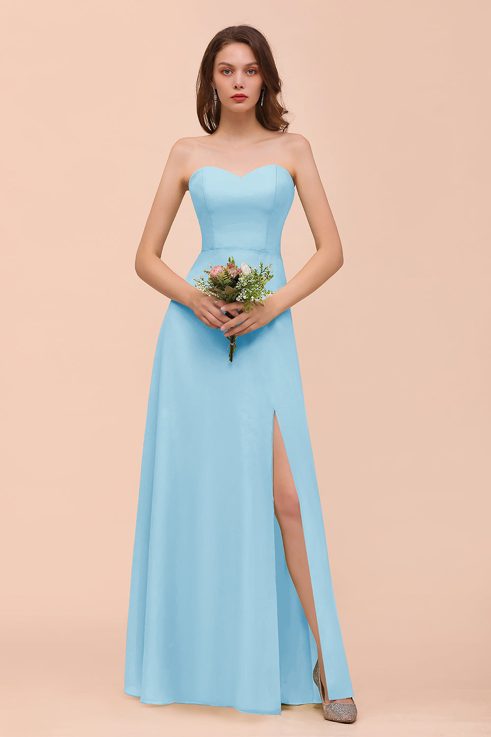 Affordable Strapless Front Slit Long Dusty Sage Bridesmaid Dress-Babyonlinedress