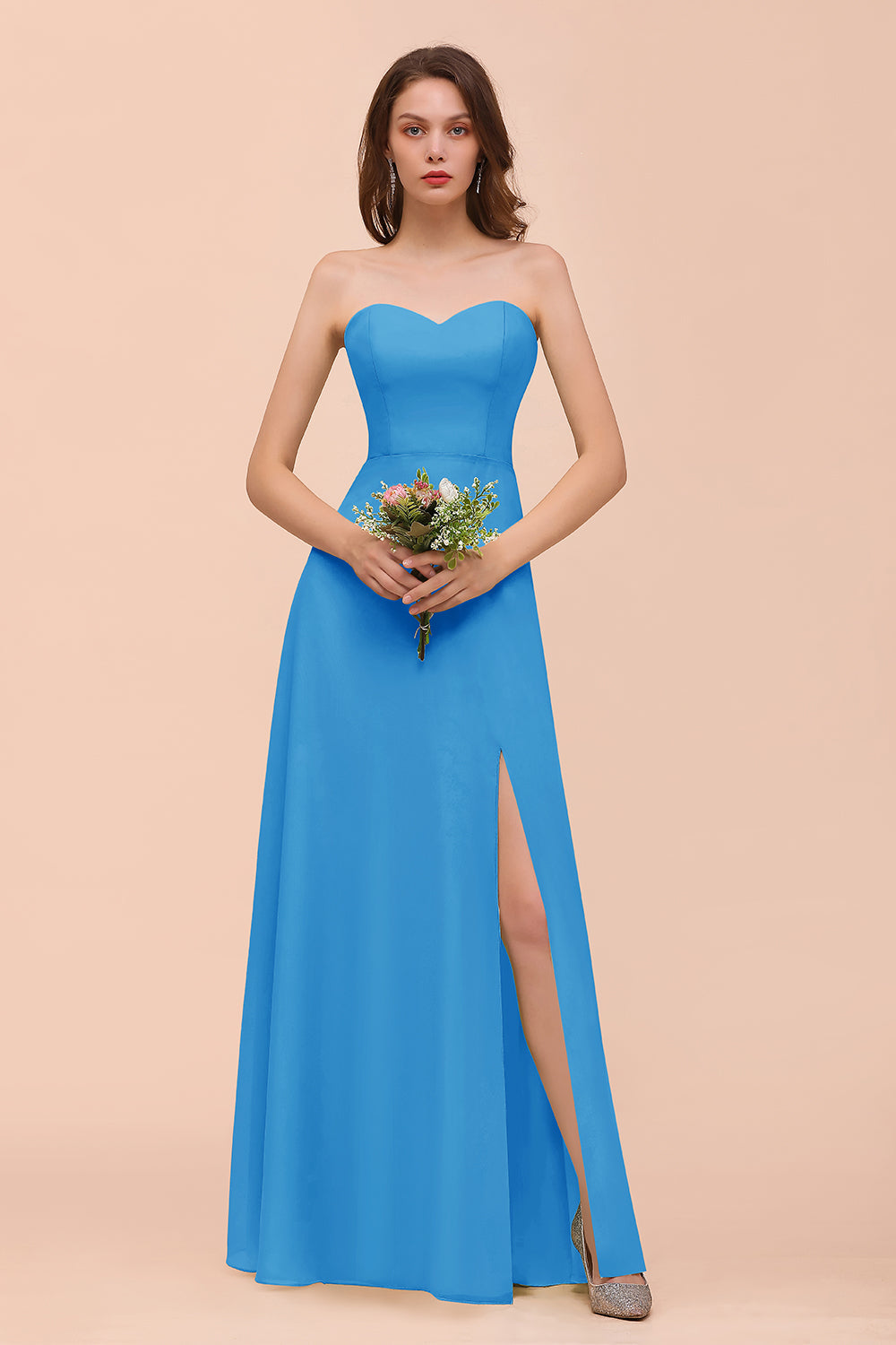 Affordable Strapless Front Slit Long Dusty Sage Bridesmaid Dress-Babyonlinedress