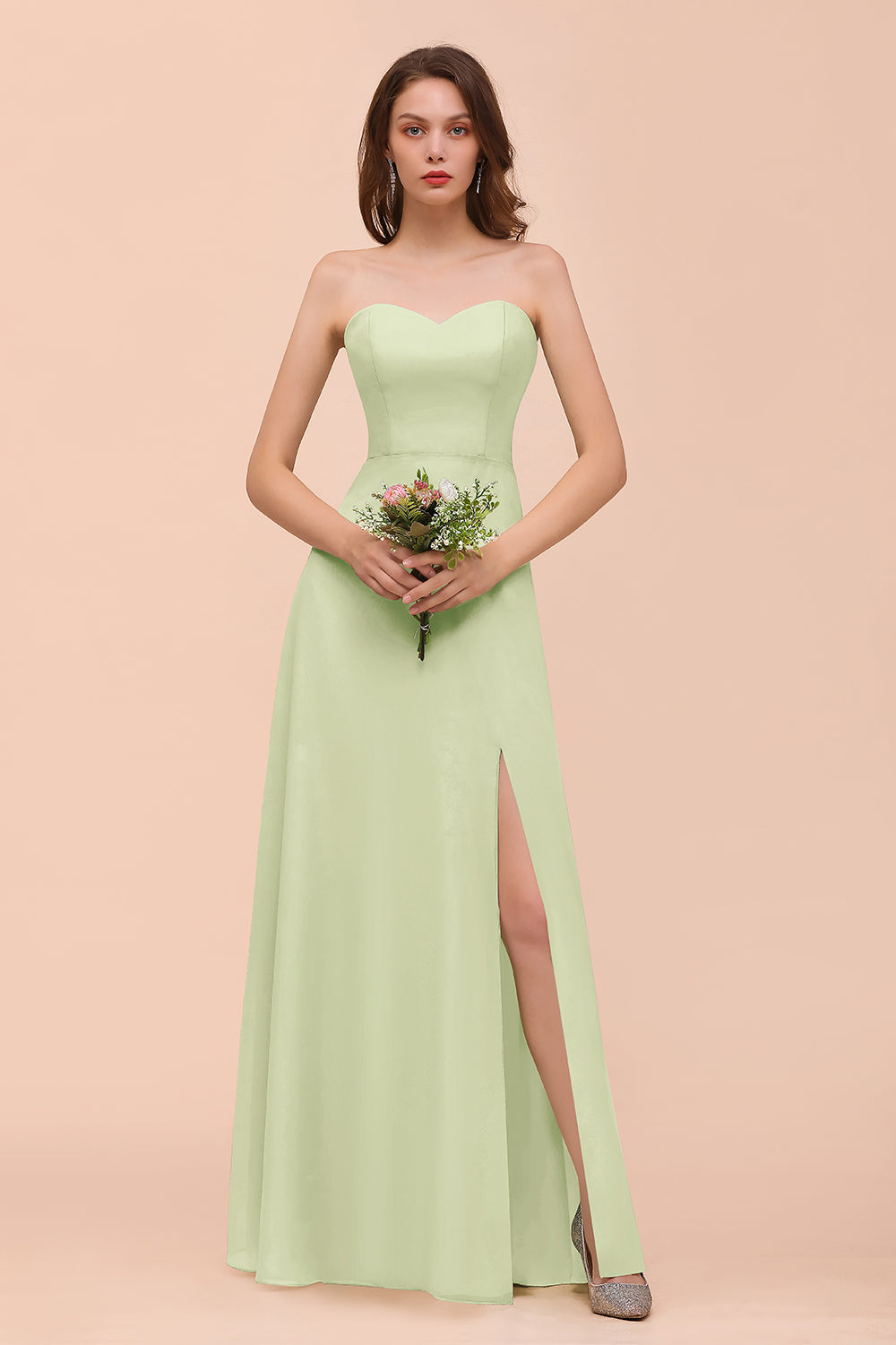 Affordable Strapless Front Slit Long Dusty Sage Bridesmaid Dress-Babyonlinedress
