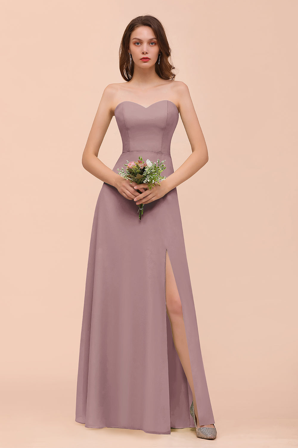 Affordable Strapless Front Slit Long Dusty Sage Bridesmaid Dress-Babyonlinedress