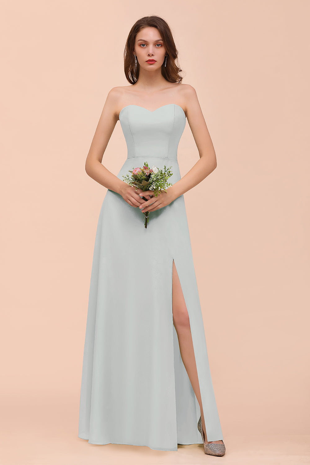Affordable Strapless Front Slit Long Dusty Sage Bridesmaid Dress-Babyonlinedress
