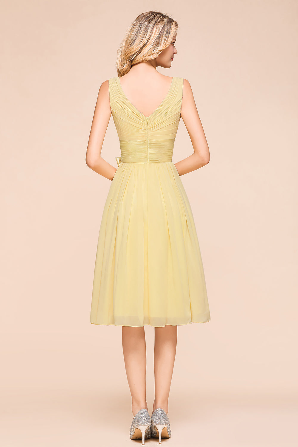 Affordable V-Neck Daffodil Chiffon Short Bridesmaid Dress with Ruffle-Babyonlinedress