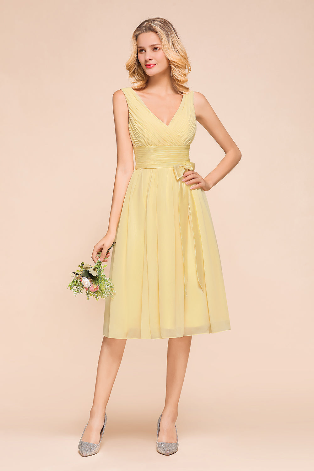 Affordable V-Neck Daffodil Chiffon Short Bridesmaid Dress with Ruffle-Babyonlinedress