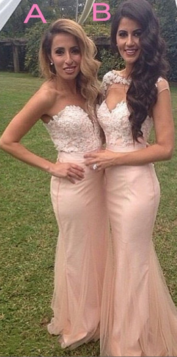 Pink Lace Applique Mermaid Bridesmaid Dresses Long Maid of Honor Dresses
