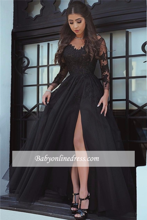 Long-Sleeve Black Slit Glamorous Lace Evening Dress