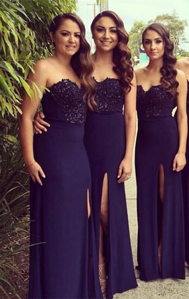 Glamorous Sweetheart Neck Navy Blue Lace Simple Side Slit Bridesmaid Dresses