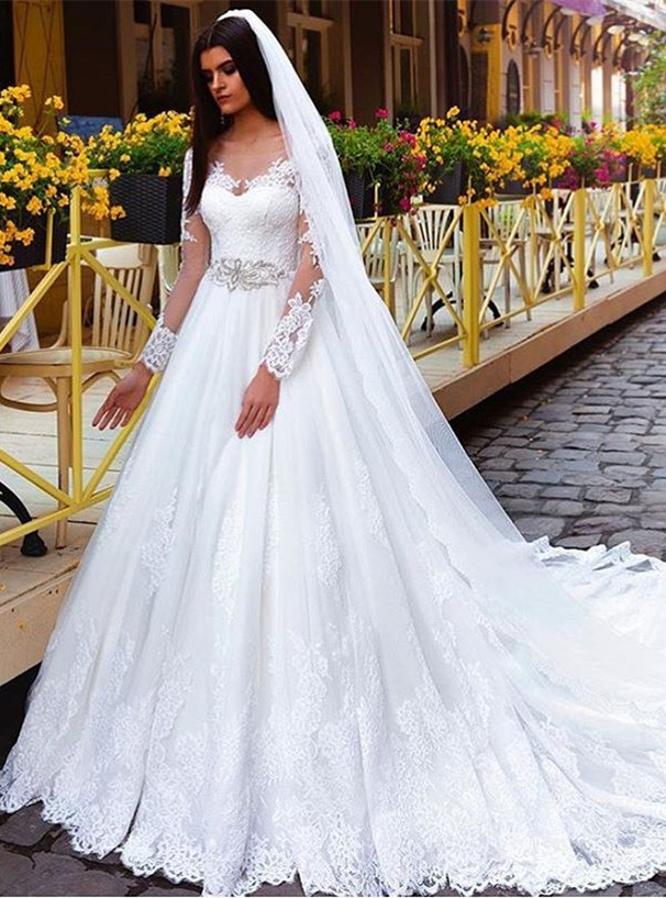 Elegant Long Sleeves Crystal Lace Princess Wedding Dresses