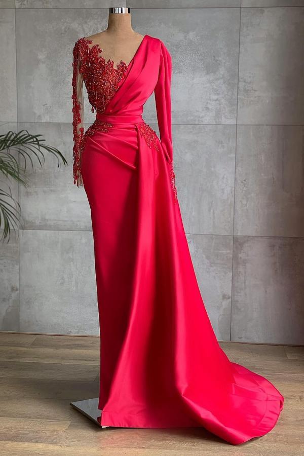Stunning V-neck Long Sleeves Crystal Mermaid Evening Gown With Side Cape