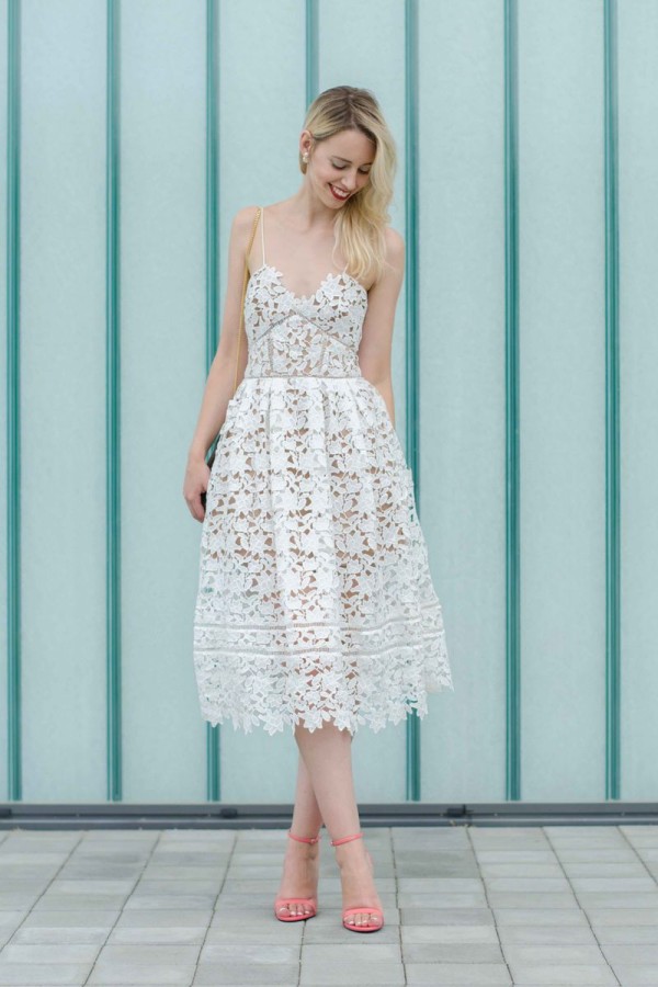 Stylish Spaghetti Straps V-neck A-line Midi Lace Wedding Guest Dresses