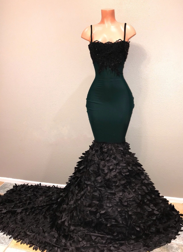 Sexy Spaghetti Straps Mermaid Promdress | Lace Applique Feather Long Evening Dresses