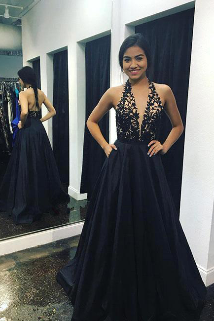 Sexy Deep V-Neck Prom Dress | Halter Backless A-line Evening Dresses