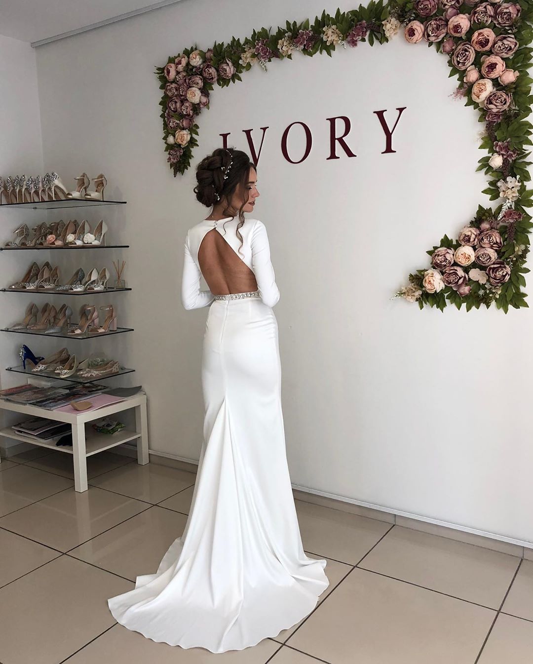 Graceful Deep V Neck Long Sleeve Open Back Crystal Fit And Flare Mermaid Wedding Dresses With Sash