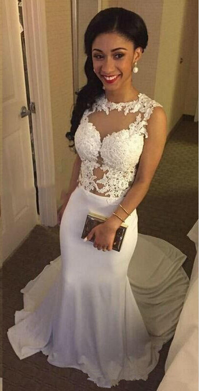 White Sleeveless Lace Appliques Mermaid Wedding Dresses with Court Train