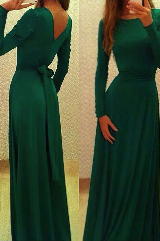 A-Line Long Sleeves Backless Bateau Floor-length Bowknot Ruffles Prom Dress