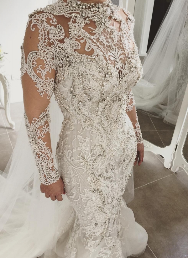 Gorgeous Crystals Mermaid Wedding Dresses | Long Sleeves Sheer Appliques Bridal Gowns