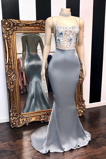 Sky Blue Scoop Sleeveless Applique Criss-cross Floor Length Mermaid Prom Dresses