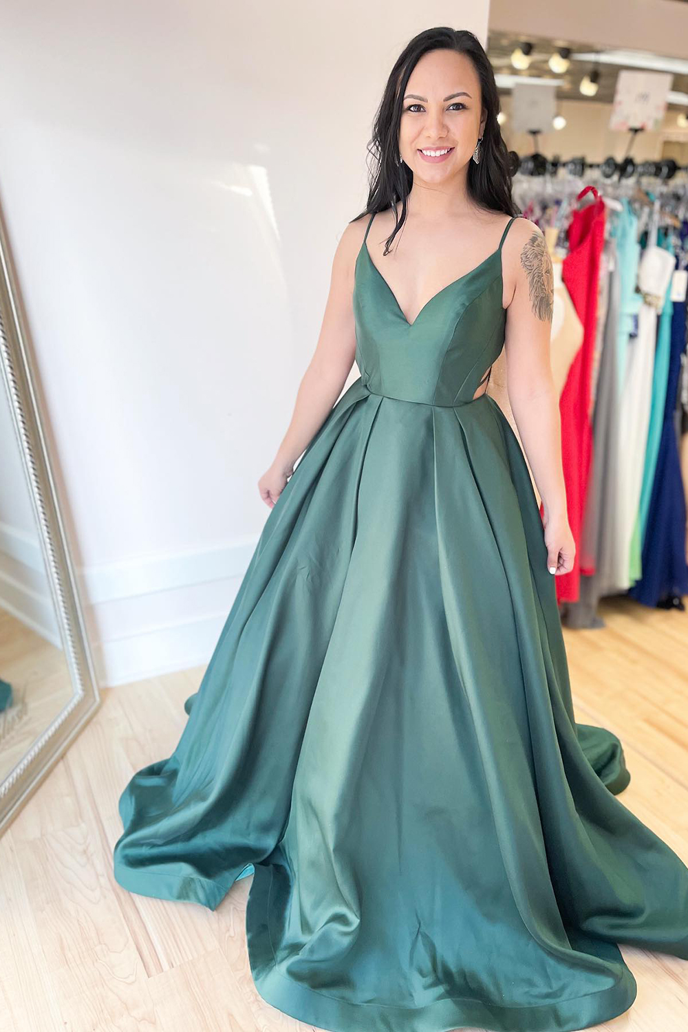 V-neck A-line Spaghetti Straps Floor-length Backless Satin Prom Dress With Ruffles