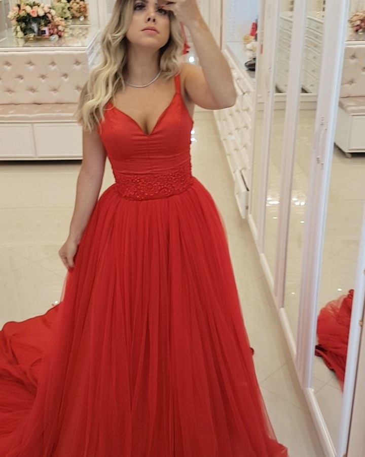 Elegant Red A-Line Prom Dresses | Spaghetti Straps Tulle Long Evening Dresses Sweep Train